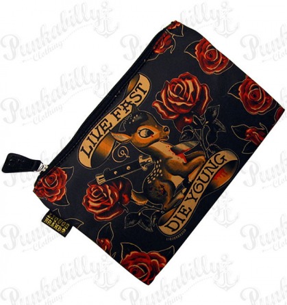 "Live Fast Die Young" Cosmetic Bag with inside zip pocket.